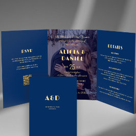 Convite Com Dobra Tripla Marinho de fotos moderno e detalhes de rsvp dourad