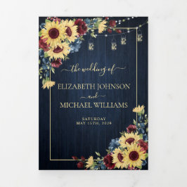 Convite Com Dobra Tripla Marinho de girassol Blue Burgundy Casamento Floral