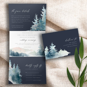 CONVITE COM DOBRA TRIPLA MARINHO DE MONTANHAS AZUIS PINOS CAMADA DE ÁGUA