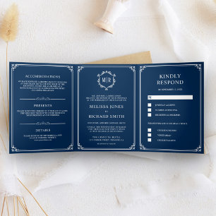 Convite Com Dobra Tripla Marinho Elegante Casamento de Monograma Azul