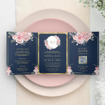 Convite Com Dobra Tripla Marinho Floral Cor-de-Rosa Azul Tudo em Um Casamen<br><div class="desc">Encontrem seus convidados com este elegante convite para casamento,  com rosas de aquarela bonitas e tipografia tradicional com código QR para RSVP online. Basta adicionar os detalhes do seu evento neste modelo fácil de usar e adorar este cartão com as suas fotografias favoritas para o tornar um convite único.</div>