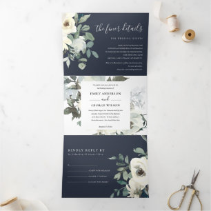 CONVITE COM DOBRA TRIPLA MARINHO IVORY WHITE FLORCOR BUNCH WATERCOLOR WEDTI