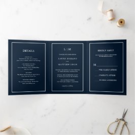 Convite Com Dobra Tripla Marinho Moderno Elegante Casamento Simples Monogra