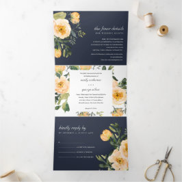 CONVITE COM DOBRA TRIPLA MARINHO PEACH GENTE FLORAL WATERCOLOR WEDDING