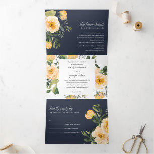 CONVITE COM DOBRA TRIPLA MARINHO PEACH GENTE FLORAL WATERCOLOR WEDDING