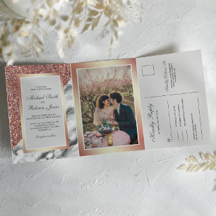 Convite Com Dobra Tripla Mármore Branco com Glitter Dourado Rosado Tudo em