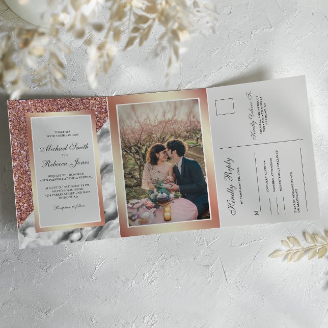 Convite Com Dobra Tripla Mármore Branco com Glitter Dourado Rosado Tudo em  (Criador carregado)