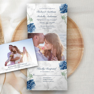 Convite Com Dobra Tripla Mármore Branco Hydrangea Floral Azul Empoeirada Ca