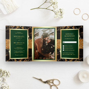 Convite Com Dobra Tripla Mármore Preto Caça Verde Glitter Casamento Dourado