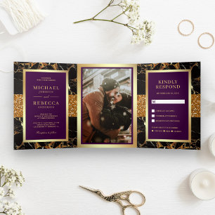 Convite Com Dobra Tripla Mármore Preto Dourado Glitter Ameixa Roxo Casament