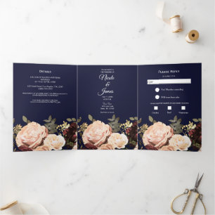 Convite Com Dobra Tripla Maroon Floral Greenery Marinho Blue Wedding