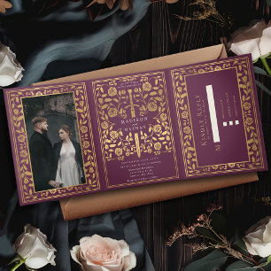 Convite Com Dobra Tripla Mauve Royal Medieval Wedding