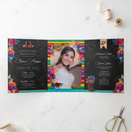 Convite Com Dobra Tripla Mexicano Fiesta Colorful Floral Charro Quinceanera