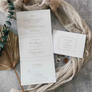 Convite Com Dobra Tripla Minimalista Foto Casamento Ouro Tudo Em Um