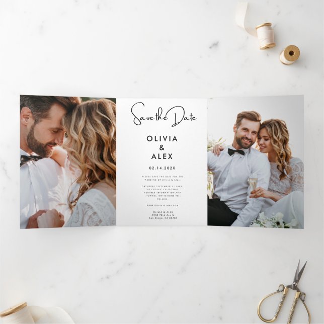 Convite Com Dobra Tripla Mínimo e Chic | Foto Casamento Salvar Data (Dentro)