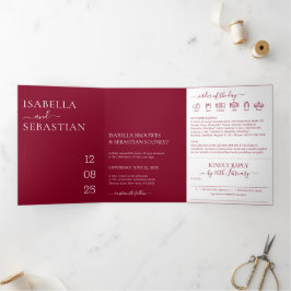 Convite Com Dobra Tripla Modern Minimal Burgundy All-in-One Wedding