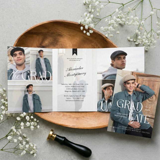 Convite Com Dobra Tripla Modern Minimal Trendy Grad Photo Collage Graduate (Modern Minimal Trendy Grad Photo Collage Graduate Tri-Fold Invitation)
