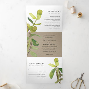 CONVITE COM DOBRA TRIPLA MODERNO LEAFY FAUNA VERDE KRAFT WATERCOLOR WEDING