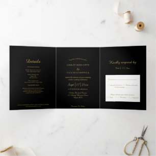 Convite Com Dobra Tripla Moderno Minimalista   Dourado negro