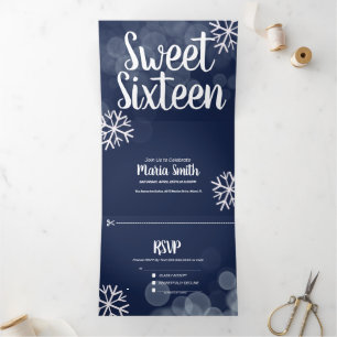 Convite Com Dobra Tripla Moderno Sweet 16 Snowflakes Bokeh Lights