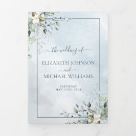 Convite Com Dobra Tripla Mola de Aquarela Azul Dusty Botânica