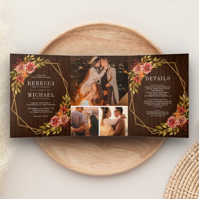 Convite Com Dobra Tripla Moldura Floral de Madeira de Celeiro Rústico Laran (Criador carregado)