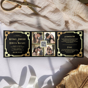 Convite Com Dobra Tripla Moldura Quadrada Art Déco Preto Dourado Código QR