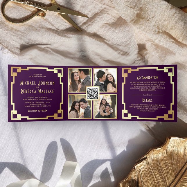 Convite Com Dobra Tripla Moldura Quadrada Art Déco Roxo Código QR Dourado C (Criador carregado)