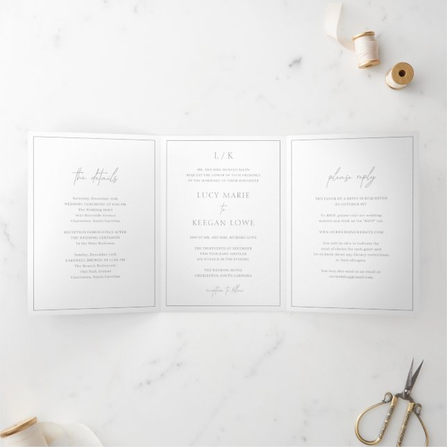 Convite Com Dobra Tripla Monograma Atemporal Cinza Elegante Casamento (Dentro)