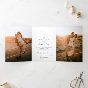 Convite Com Dobra Tripla Monograma Clássico Preto e Branco Casamento Elegan