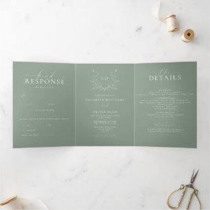Convite Com Dobra Tripla Monograma Crest   Foto de casamento minimalista mo