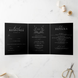 Convite Com Dobra Tripla Monograma Crest | Foto de casamento minimalista mo