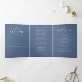 Convite Com Dobra Tripla Monograma Crest | Foto de casamento minimalista mo