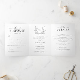 Convite Com Dobra Tripla Monograma Crest | Foto de casamento minimalista mo