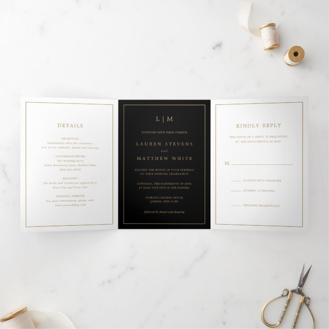 Convite Com Dobra Tripla Monograma Simples Preto e Dourado Casamento Elegan (Dentro)