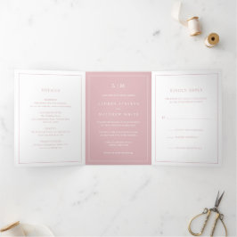Convite Com Dobra Tripla Monograma Simples Rosa Claro Casamento Elegante