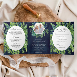 Convite Com Dobra Tripla Monstera Palm Tropical Deixa Marinho Casamento Azu