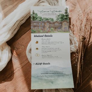 Convite Com Dobra Tripla Montanhas Rústicas de Teton   Casamento Ilustrado 