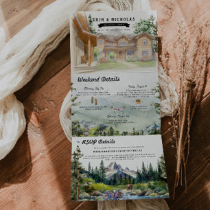 Convite Com Dobra Tripla Montanhas Rústicas de Teton Casamento Ilustrado