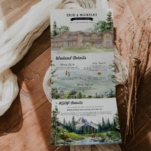 Convite Com Dobra Tripla Montanhas Rústicas de Teton Casamento Ilustrado