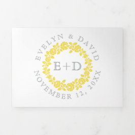 Convite Com Dobra Tripla Morte de rosa amarela da Vintage, cinza de casamen