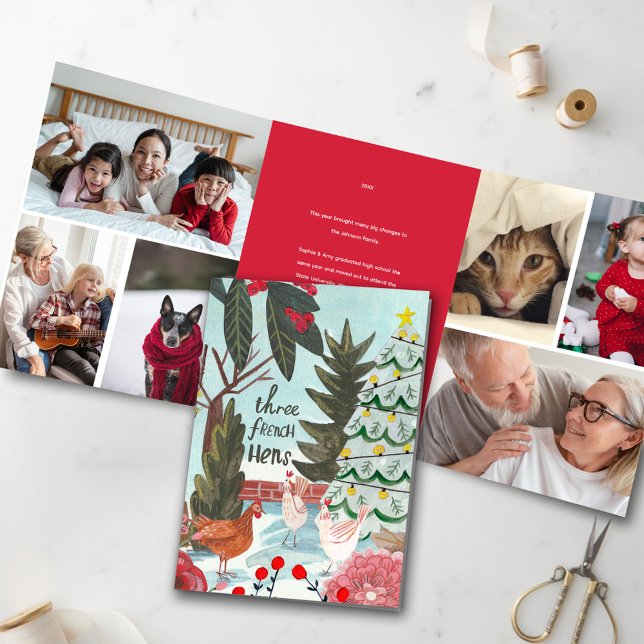 Convite Com Dobra Tripla Natal de 12 dias Feriado de fotos de três galinhas (Tri Fold 12 Days of Christmas, Three French Hens illustrations Photo Greeting Card)