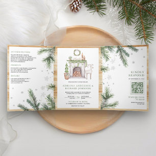 Convite Com Dobra Tripla Natal Escandinavo Tudo em Um Código QR Casamento