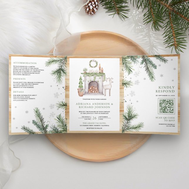 Convite Com Dobra Tripla Natal Escandinavo Tudo em Um Código QR Casamento (Inside)