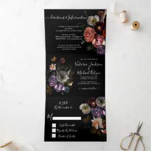 Convite Com Dobra Tripla NeoClasslight Floral Dark & Moody Wedding