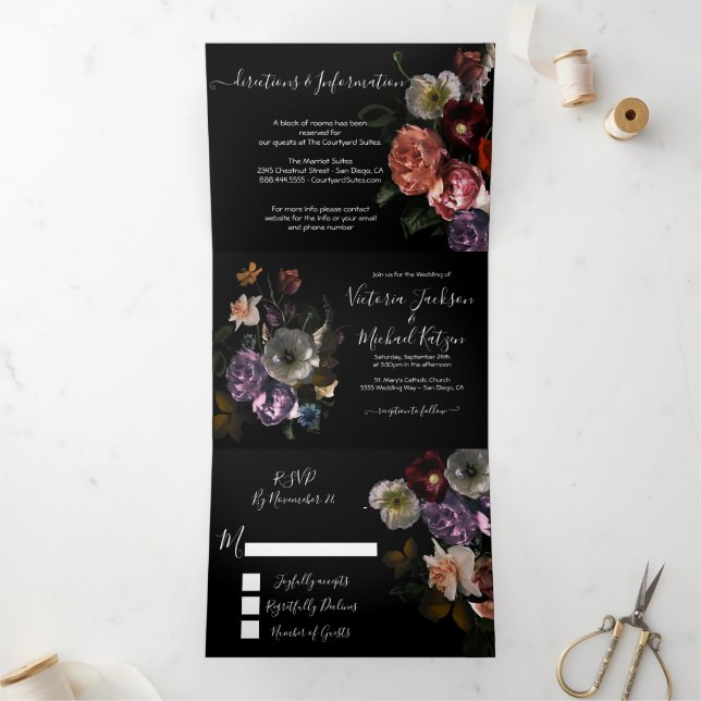 Convite Com Dobra Tripla NeoClasslight Floral Dark & Moody Wedding (Dentro)