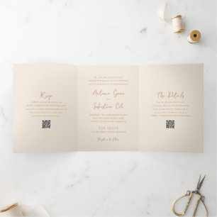 Convite Com Dobra Tripla Neutrais Terrestres Elegantes Código QR Casamento