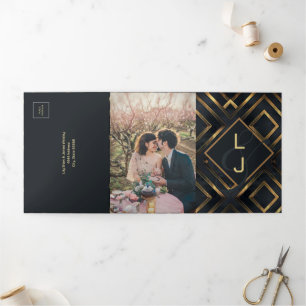 Convite Com Dobra Tripla Noite de casamento Dourado moderno