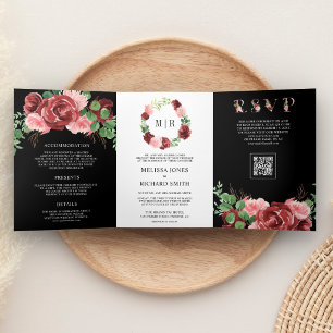 Convite Com Dobra Tripla Noiva Código QR Floral Burgundy Rosa Corada Casame