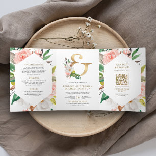 Convite Com Dobra Tripla Noiva Código QR Floral Rosa Ampersand Dourado